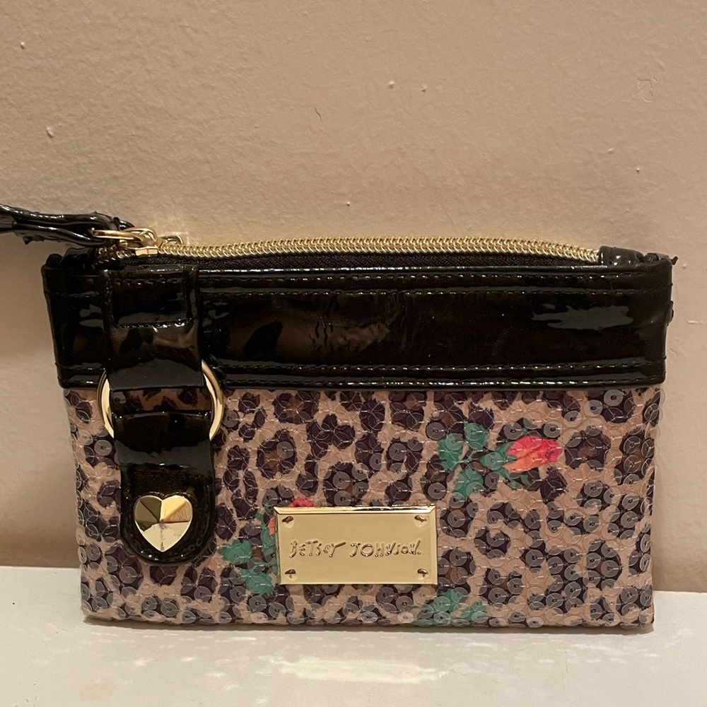 Betsey Johnson Blushing Cheetah Sequin Double Pocket Wristlet Wallet